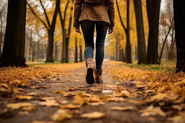 Foto piedi e piedi che camminano nel parco autunnale