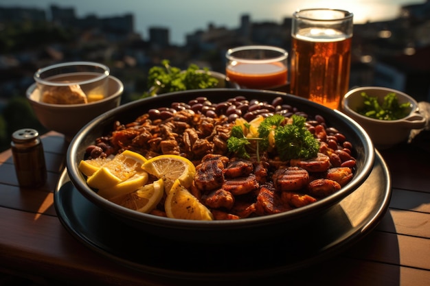 Feijoada bij een zondag lunch op een balkon met uitzicht op de kust van Rio de Janeiro generatieve IA