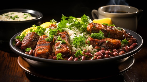 Feijoada Brazilian traditional food in a white plate on a dark black background