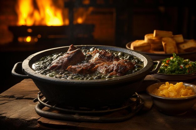 Foto feijoada met stoomende gietijzeren pot