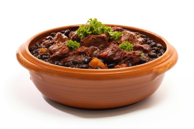 흰색 배경 전통 브라질 음식에 고립 된 냄비에 Feijoada