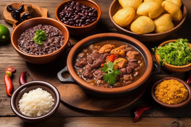 Feijoada and side dishes such as cassava rice beans farofa seasonings and salad traditional brazilian food for lunch or dinner generative ai