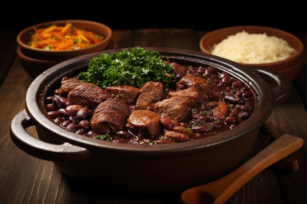 나무 테이블 전통 브라질 음식에 Feijoada