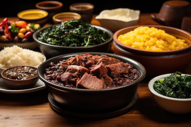 나무 테이블 전통 브라질 음식에 Feijoada