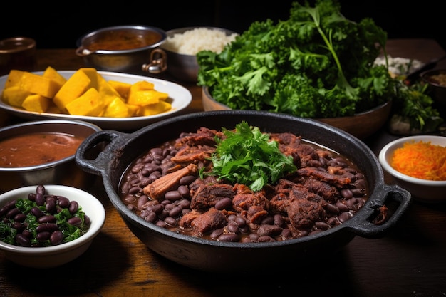 나무 테이블 전통 브라질 음식에 Feijoada