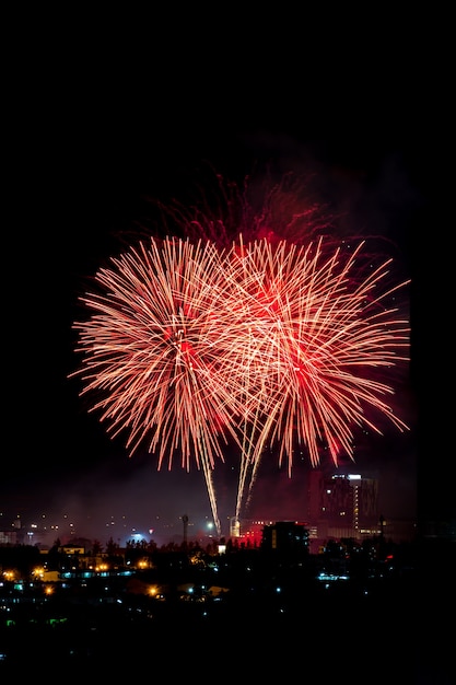 Fel kleurrijk vuurwerk en saluut van verschillende kleuren aan de nachtelijke hemel