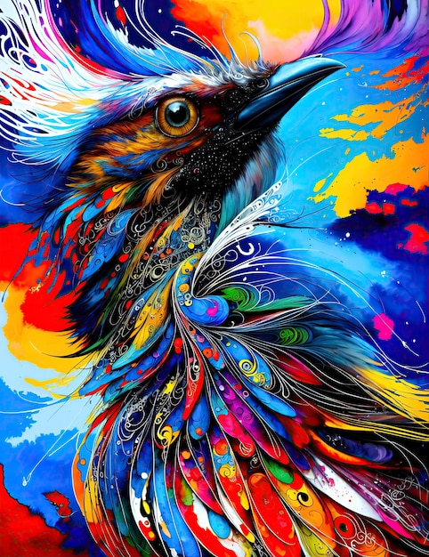 Fel multicolor schilderij Portret van een abstracte vogel met een expressieve blik op een abstracte rug
