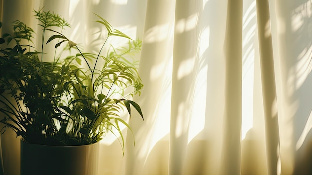Fel zonlicht verzacht de achtergrond van schaduwen kamerplanten en gordijnen