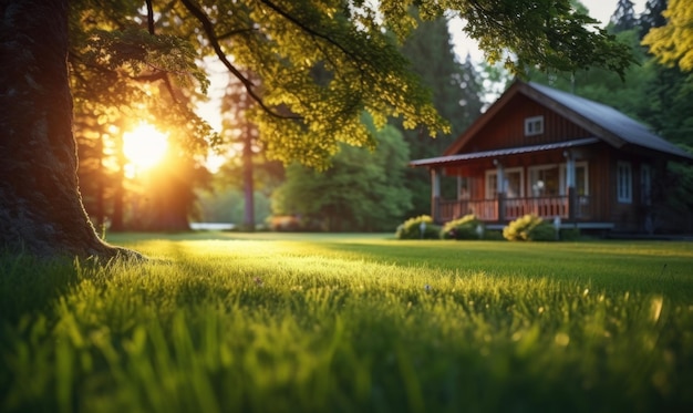 Feld with trees and some grass around a house Illustration AI GenerativexA