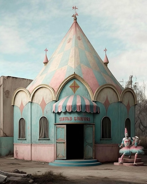 Felgekleurd gebouw met een carrousel en een paardenstandbeeld voor generatieve ai
