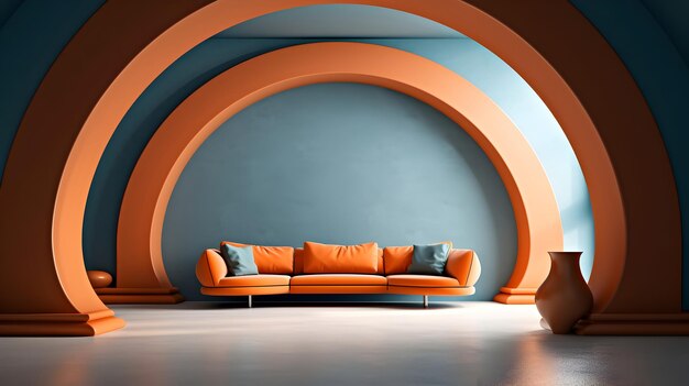 Felgekleurd modern interieur met gele meubels en bogen met blauwe muur 3d generatieve ai