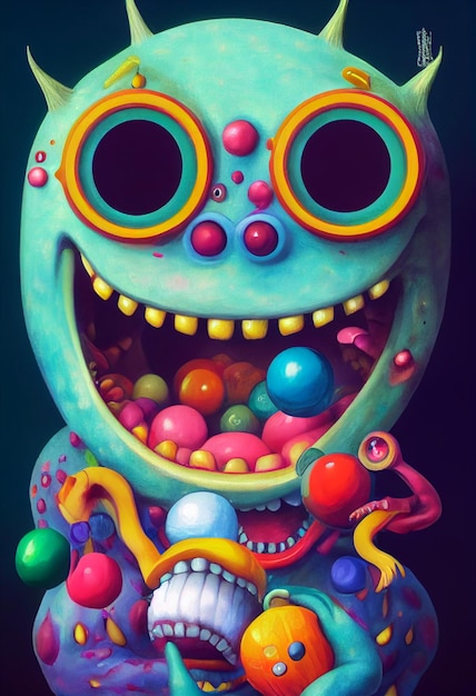 Felgekleurd schilderij van een monster met generatieve ai snoepjes