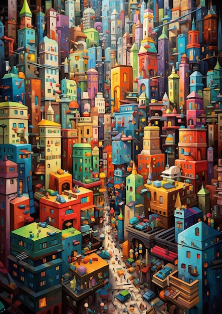 Felgekleurd stadsbeeld met veel gebouwen en veel mensen generatieve ai