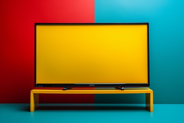 Foto felgekleurd televisiescherm op standaard tegen rode en blauwe muur generatieve ai