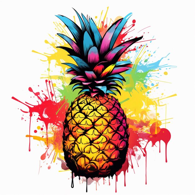 felgekleurde ananas met splitsingen en verfsplitsingen op witte achtergrond generatieve ai