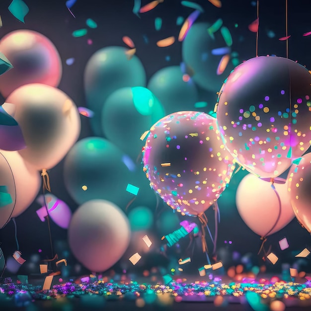 Felgekleurde ballonnen en confetti Generatieve AI