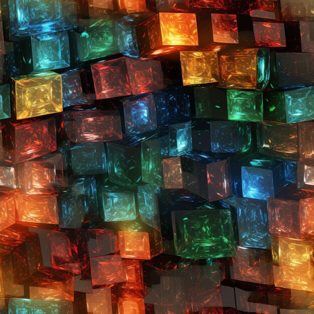 felgekleurde glazen blokken zijn gerangschikt in een generatief patroon ai