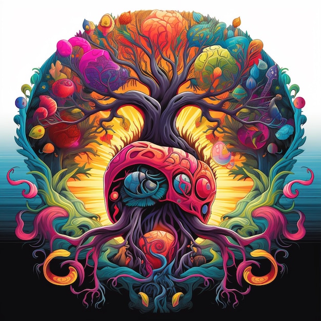 felgekleurde illustratie van een boom met een menselijk gezicht in het midden generatieve ai