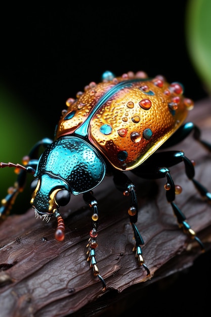 Foto felgekleurde insect zit op een stuk hout met kralen generatieve ai