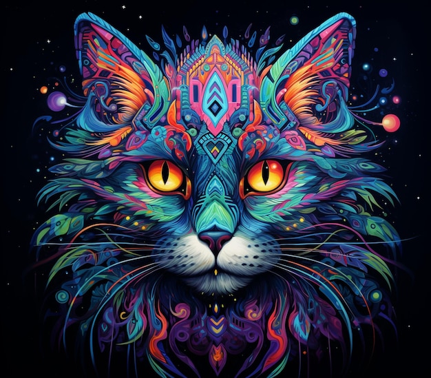 felgekleurde kat met gloeiende ogen en kleurrijke veren generatieve ai