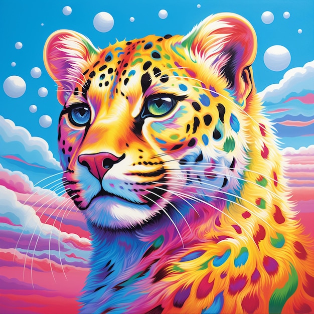felgekleurde luipaard schilderij op een blauwe lucht achtergrond generatieve ai