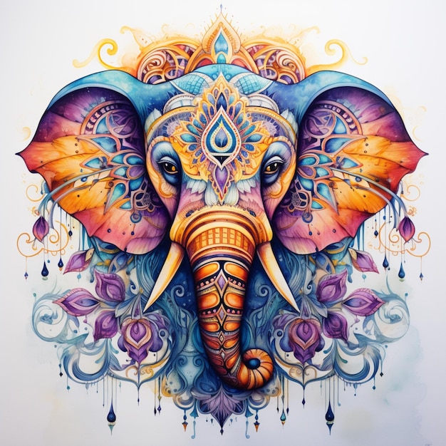 felgekleurde olifant met versierd hoofd en versierd ontwerp op witte achtergrond generatieve ai