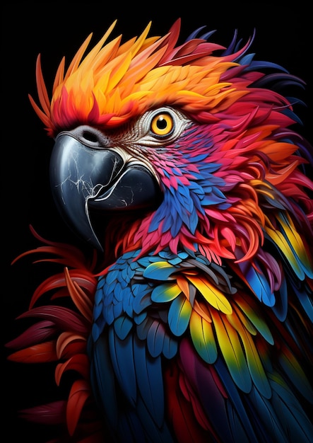 Felgekleurde papegaai met een zwarte achtergrond generatieve ai