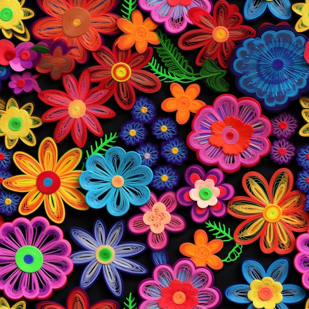 felgekleurde papieren bloemen zijn gerangschikt in een patroon generatief ai