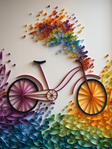 felgekleurde papierkunst van een fiets met een mandje bloemen generatieve ai