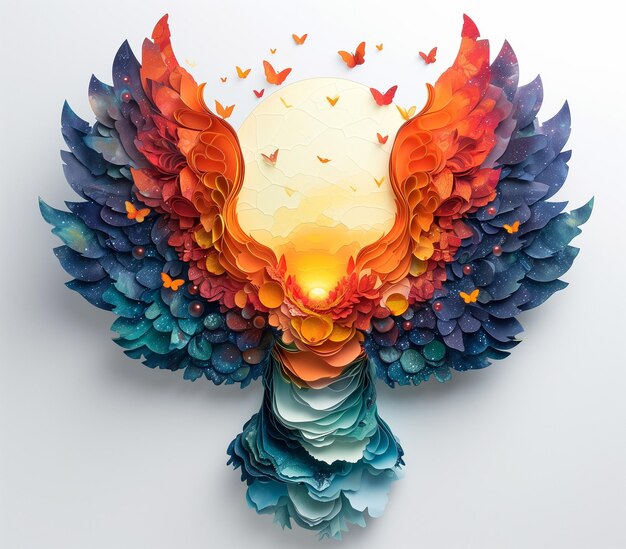 felgekleurde papierkunst van een vrouw met vleugels en vlinders generatieve ai