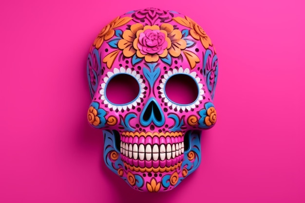 felgekleurde schedel met bloemen op roze achtergrond