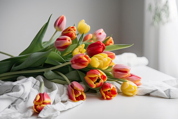 Felgekleurde tulpen in een vaas op een wit tafelkleed