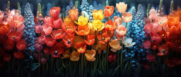 Foto felgekleurde tulpen zijn in een veld van blauw en oranje