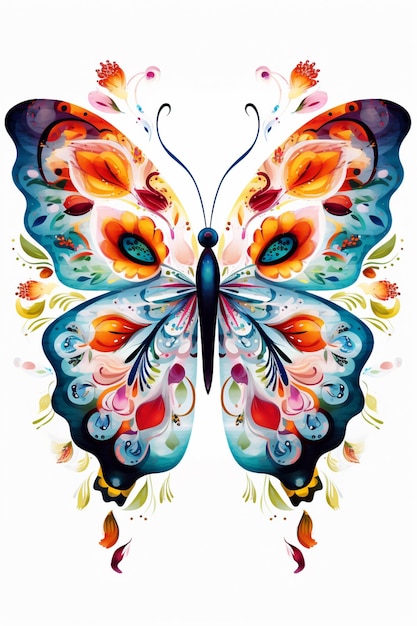 felgekleurde vlinder met bloemenvleugels op witte generatieve ai als achtergrond