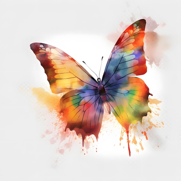 felgekleurde vlinder met waterverf splashes op witte achtergrond Generatieve AI