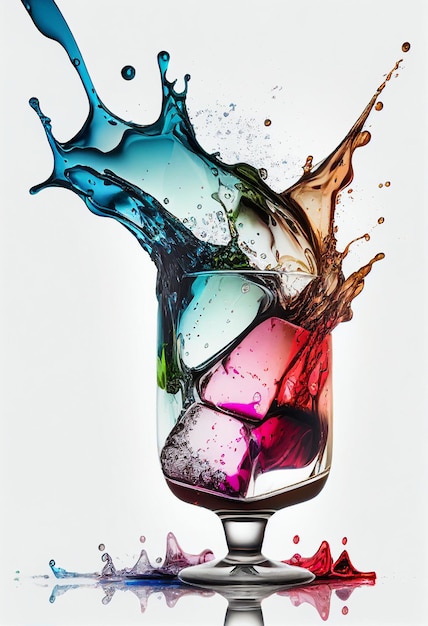 Felgekleurde vloeistof spatten in een glas ijsblokjes generatieve ai