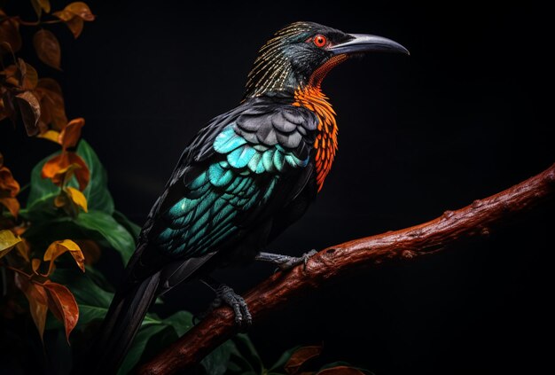 felgekleurde vogel zat op een tak in een donker bos generatieve ai