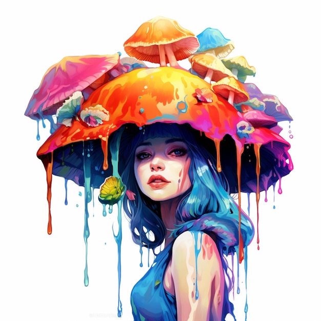 felgekleurde vrouw met een hoed gemaakt van paddenstoelen generatieve ai