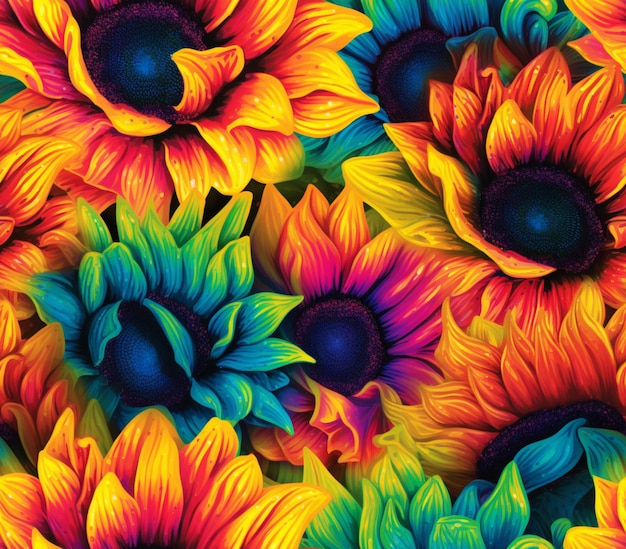 felgekleurde zonnebloemen zijn gerangschikt in een patroon op een zwarte achtergrond generatieve ai