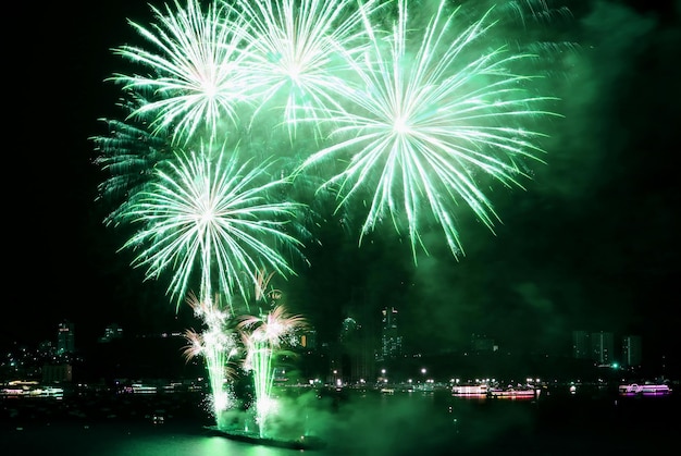 Felgroen vuurwerk dat explodeert naar de nachtelijke hemel boven de baai