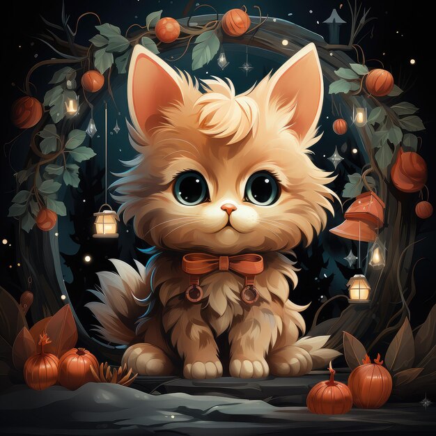 Photo felidae cat with bow tie sits by pumpkin wreath in feline art