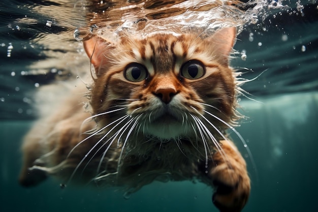 猫の水泳 メガネをかけた猫が水中に飛び込む ジェネレーティブ by Ai