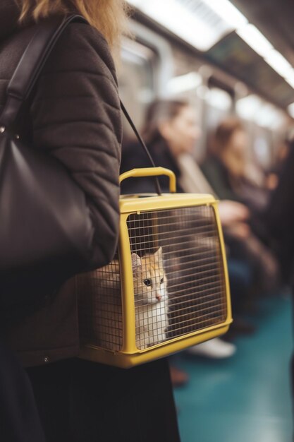 Feline Commuter A Cat in a Carrier on a Busy Subway Train