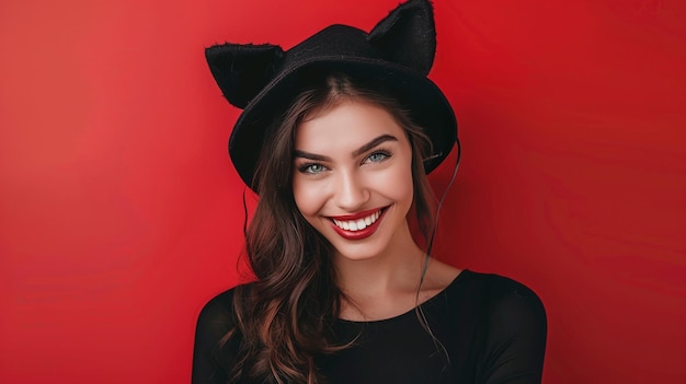 Feline Elegance Jonge vrouw in kattenkostuum viert Valentijnsdag en Halloween