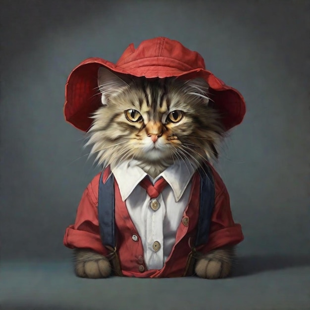 Кошачья модница в красной шляпе и костюме