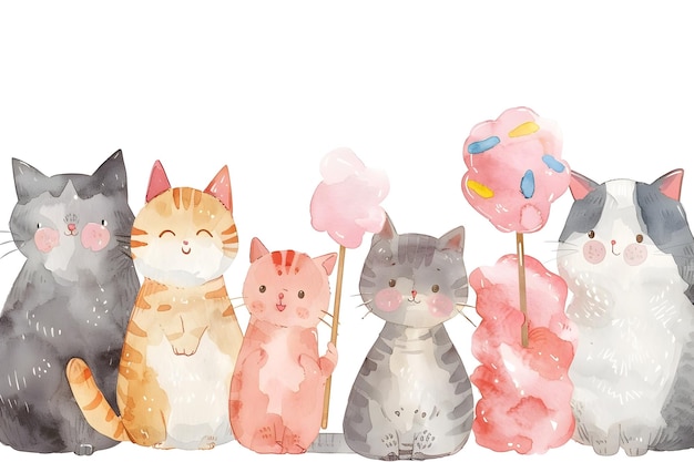 Photo feline friends enjoying cotton candy in minimal watercolor