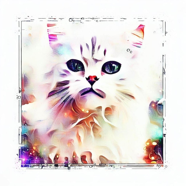 Feline Fusion A Mixed Style Digital Art Print of a Colorful Cat on a Line Art Poster