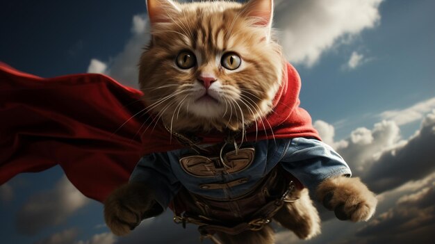 Photo a feline hero emerges cape billowing in the wind with a determined gaze this cat crusader leaps i