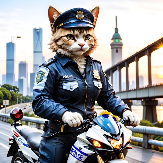 Photo feline law enforcer cat police officer in action on bike