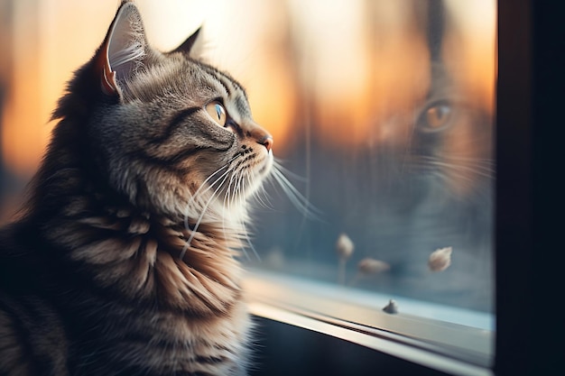 Feline Observing Birds from a Windowsill AI